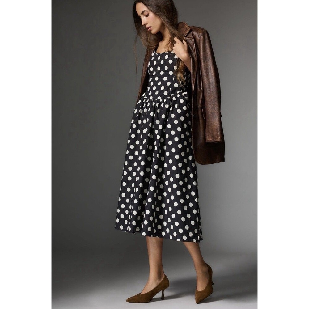 Maeve Black & White Polka Dot Square Neck Midi Dress Pockets Lined Sz L NWT